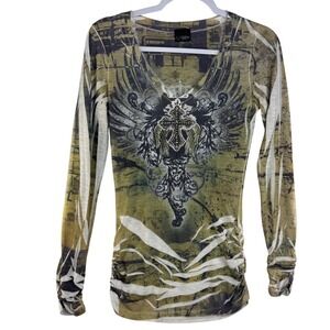 Daytrip Womens Long Sleeve Graphic Tee Olive Green Winged Cross Rhinestone S